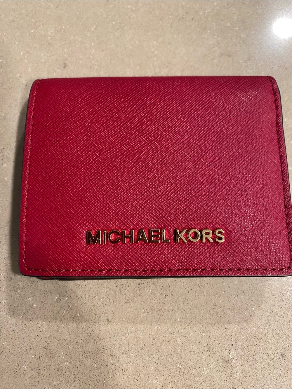 Michael Kors Red Leather Compact Card Case with Gold Logo